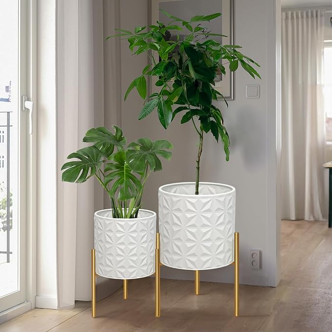 ARNIS Modern Planter Pots, Set of 2 Large Planters with Stand, Decorative Planters, Metal Pots with Drainage Holes for Living Room, Office, Garden or Balcony, 8.25 &10.5 Inch, Matte White-Ruum Studio Home