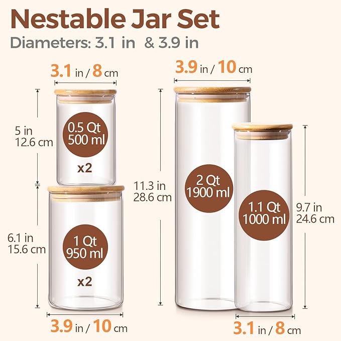 ComSaf Glass Food Storage Jars Set of 6, Clear Glass Storage Containers with Lids, Canisters Sets for the kitchen, Spaghetti, Pasta, Flour, Nuts, Oat, Coffee and Sugar Container, Pantry Organization-Ruum Studio Home