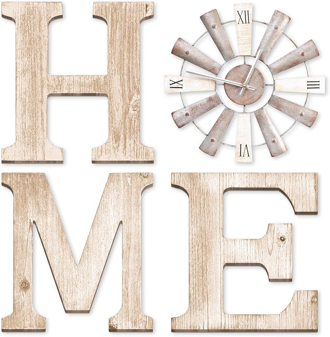 Farmhouse Home Signs with Windmill Clock Wall Decor Rustic Home Letters Wall Art for Living Room Kitchen Entryway Dining Room Bedroom (water-white)-Ruum Studio Home