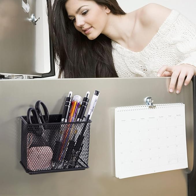 dedoot Magnetic Basket 2 Pack Magnetic Holder Locker Magnetic Pen Holder Magnetic Pencil Holder Strong for Whiteboard Marker, 4.7x2.3x3.7inch Black Mesh Magnetic Pen Holder for Refrigerator Fridge-Ruum Studio Home