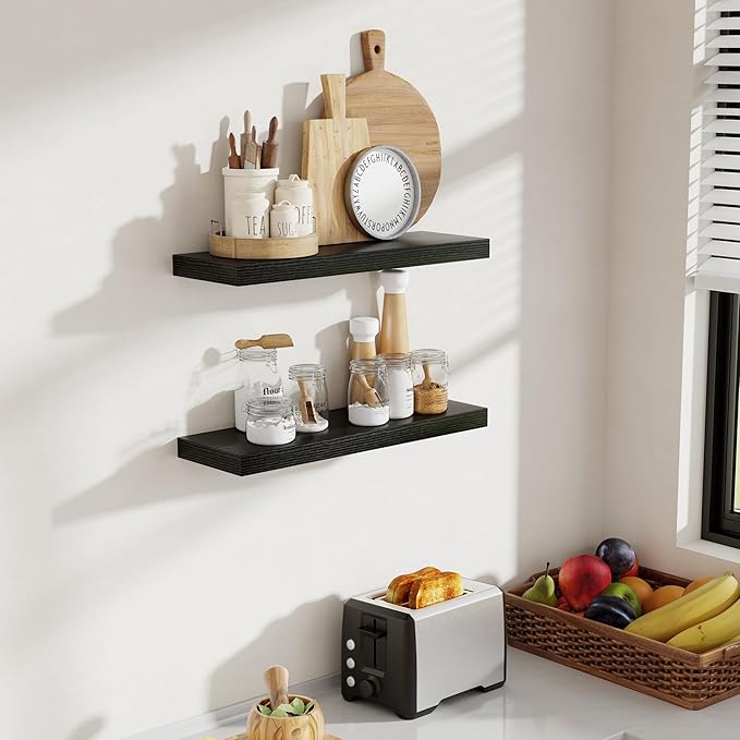 24 Inch Floating Shelves, 8 Inch Deep Floating Shelves for Wall, Hanging Shelf with Invisible Brackets, Deep Shelves for Bathroom, Bedroom, Living Room, Black, Set of 2-Ruum Studio Home
