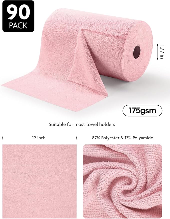 Fantasticlean Microfiber Cleaning Cloth Roll -90 Pack, Tear Away Microfiber Towels, 12" x 12", Reusable, Washable, Scratch Free, Ultra Absorbent Dish Rags for Car, Home, Garage or Shop (Pink)-Ruum Studio Home