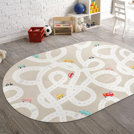 STARUIA Large Kids Rug for Playroom, 4'x6' Washable Road Rug for Nursery, Non-Slip Car Rugs for Boys Room, Tan Traffic Classroom Rugs Soft Baby Play Mat for Dorm Toy Room Tent-Ruum Studio Home
