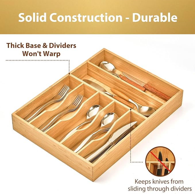 Umilife Kitchen Drawer Organizer, 12.5 Inch Silverware Utensil Tray Holder, Extra Deep, with Non-Slip Feet & Grooved Drawer Divider, 7 Slots Total Bamboo Wood Caddy for Flatware Cutlery Knives-Ruum Studio Home