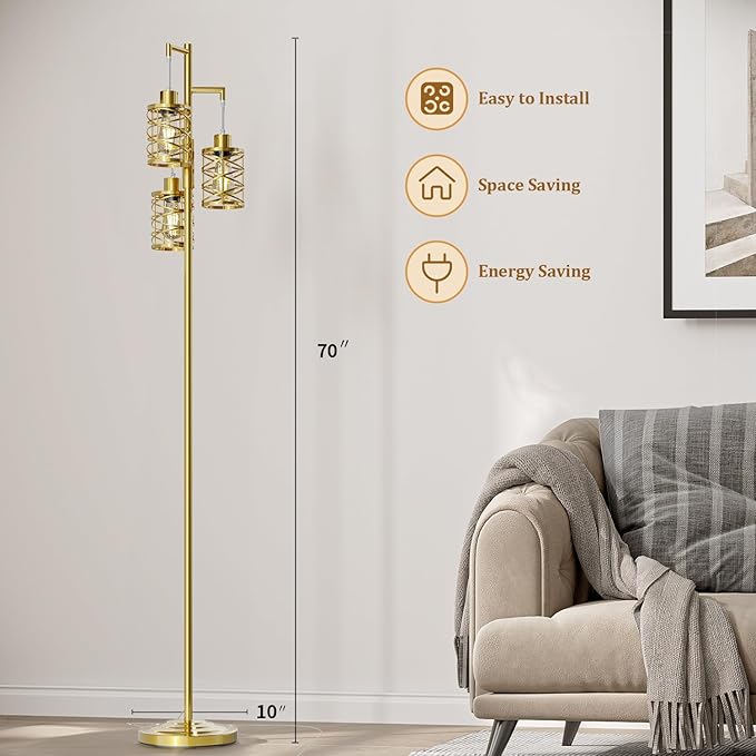 Oneach 70" Industrial Floor Lamp, Stepless Dimmable Standing Lamp with 3 Bulbs, Farmhouse Corner Standing Tree Lamp for Living Room, Tall Lamps for Bedroom, Office, Study Room, Dining Room, Gold-Ruum Studio Home
