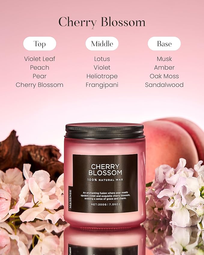 M&SENSE Cherry Blossom Scented Spring Candle, Best Smelling Stress Relief Aromatherapy Candle, 50 Hours 7.05oz Natural Soy Wax Romantic Candle Gifts for Women & Home Decor-Ruum Studio Home