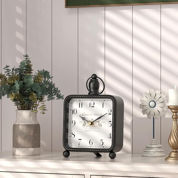 Vintage Black Table Clock on Stand, Desk and Shelf Decor Clock, French Rustic Style Non-Ticking Mantel Clocks for Farmhouse, Living Room, Bedroom, Bedside, Gift (8.5" H x 5.5" W)-Ruum Studio Home