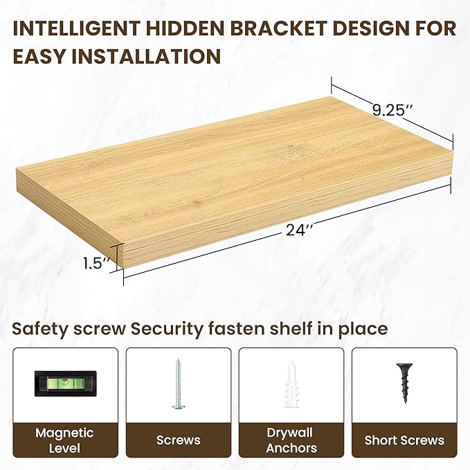 24 Inch Floating Shelves, 3D Textured Wood Grain, 24"x9.25"x1.5" Inch Deep Floating Shelves for Wall, Wooden Shelves for Bathroom, Bedroom, Living Room, Natural-Ruum Studio Home