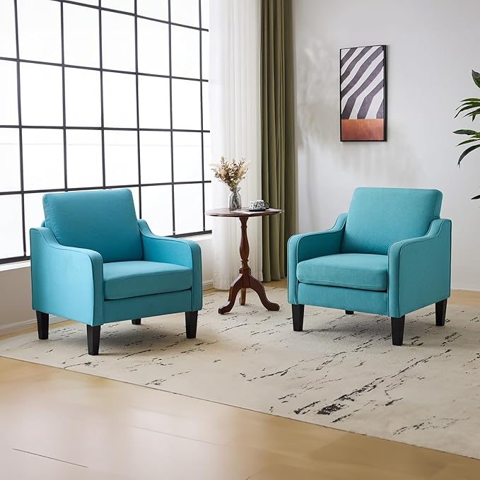 VINGLI Accent Chairs Set of 2 Living Room Chairs Teal Blue Reading Chair for Bedroom Scooped Arm Chair Mid Century Modern Accent Chairs Upholstered Comfy Chair for Apartment, Waiting Room-Ruum Studio Home
