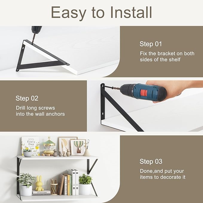 Fun Memories Deep Floating Shelves, 55W x 12D Floating Shelves for Wall, Wood White Floating Shelf with Bracket, Wide Display & Storage Wall Shelves for Living Room, Bedroom,-Ruum Studio Home