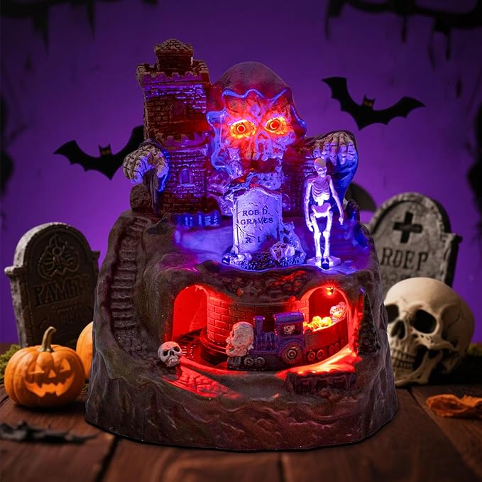 innodept12 Animated Halloween Small Village House - Moving Train and Skull Ghosts Tombstones Figurines with Pre-Lit Spooky Voice, Battery Operated, Not Including-Ruum Studio Home