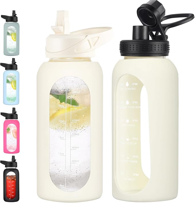 32 oz Glass Water Bottle with Straw and Handle, Sports Motivational Water Flask with Silicone Sleeve, Large Leakproof Water Flask Cup with Time Marker for Travel, Gym, Cream-Ruum Studio Home