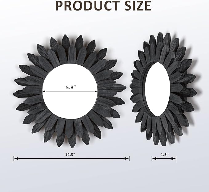 Honiway Black Wall Decor Wall Mirror 12 inch Boho Wall Decor Wood Decorative Mirror for Room Decor Home Decor for Bedroom Living Room Bathroom Kitchen Black-Ruum Studio Home