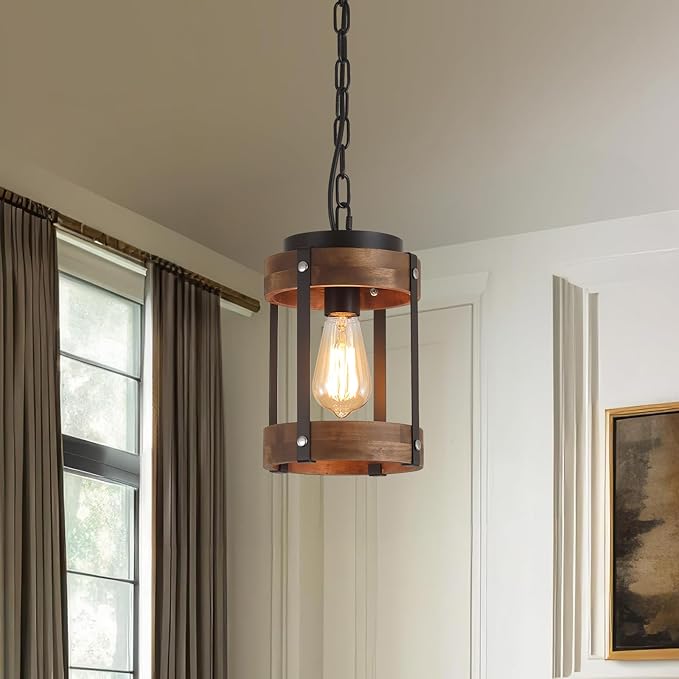 2 Pack Rustic Farmhouse Wood Pendant Light Fixture One-Light Adjustable Chain Oak Wood and Metal Drum Cage Small Pendant Lighting for Kitchen Island Sink Hallway Farmhouse Bathroom Bar, Black-Ruum Studio Home