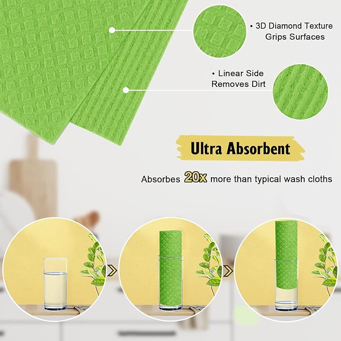 Swedish Dishcloths for Kitchen | 6 Pack Absorbent Cellulose Sponge Cloths Washable | Non-Scratch Reusable Paper Towels Quick Drying Cleaning Cloths - Lime Green-Ruum Studio Home