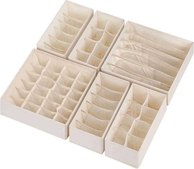 6 Pack Sock Underwear Drawer Organizer Dividers, 58 Cell Foldable Fabric Dresser Closet Organizers and Storage Bins for Clothing, Baby Clothes, Bra, Panty, Scarf, Ties (Beige)-Ruum Studio Home