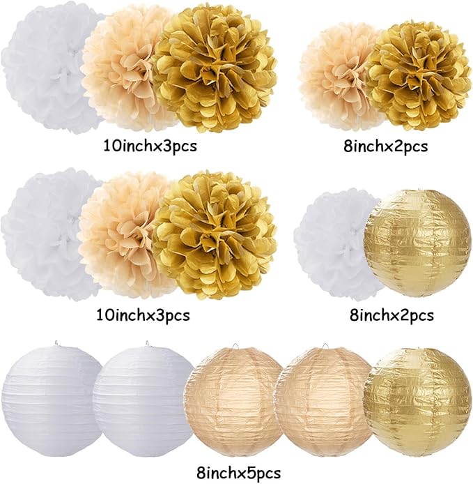 White Gold Party-Decorations Paper Flowers Lanterns - 15PCS Engagement Birthday Graduation Wedding Tissue Pom Poms Streamers,Neutral Bachelorette Baby Bridal Shower Hanging Supplies Decor Hugfond-Ruum Studio Home