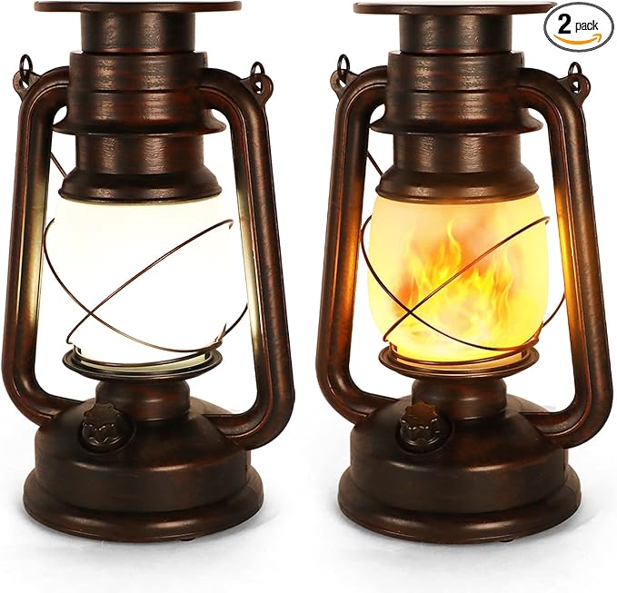 2 Pack Solar Hanging Lantern Outdoor, Solar Powered, Auto On/Off Waterproof LED Flame Umbrella Vintage Lights for Garden, Patio, Yard, Flickering Flameless Candle Mission Lights for Table, Party-Ruum Studio Home