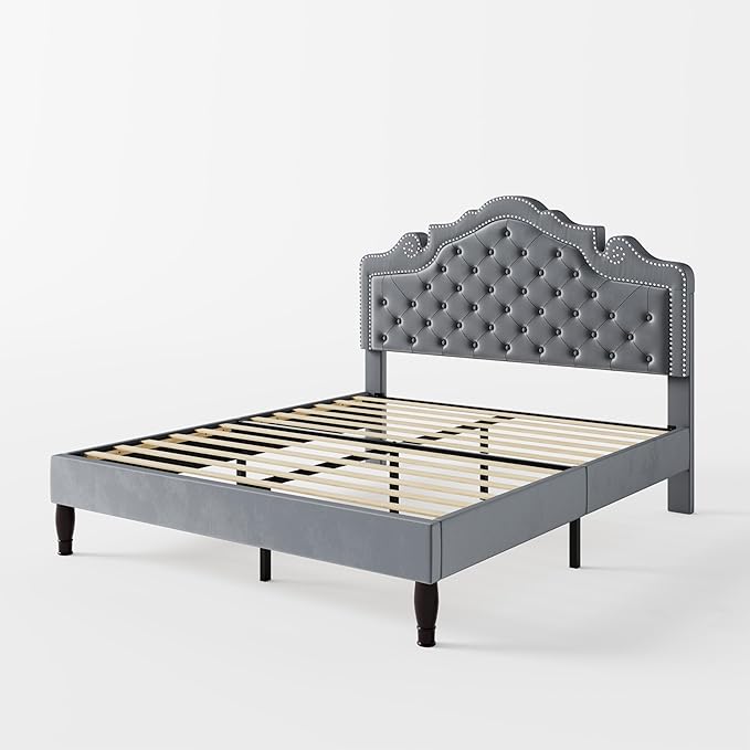 Allewie Queen Size Bed Frame with Adjustable Velvet Tiara Headboard, Upholstered Diamond Button Tufted Platform Bed, Wood Slats Support, No Box Spring Needed, Light Grey-Ruum Studio Home