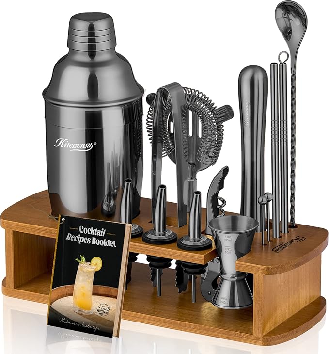 KITESSENSU Cocktail Shaker Set Bartender Kit with Stand | Bar Set Drink Mixer Set with All Essential Bar Accessory Tools: Martini Shaker, Jigger, Strainer, Mixer Spoon, Muddler, Liquor Pourers | Black-Ruum Studio Home