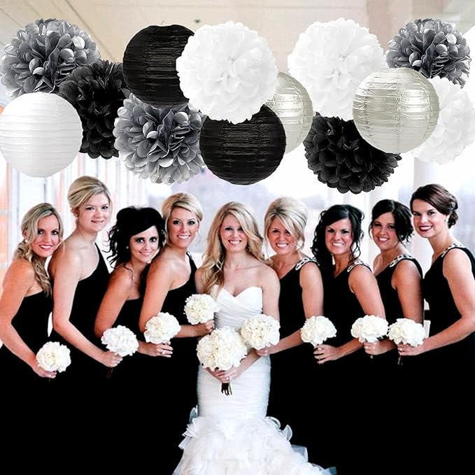 Black White Silver Party-Decorations Paper Flowers Lanterns - 15PCS Birthday Halloween Wedding Tissue Pom Poms Streamers, Halloween Prom Baby Shower Bachelorette Hanging Supplies Decor Hugfond-Ruum Studio Home