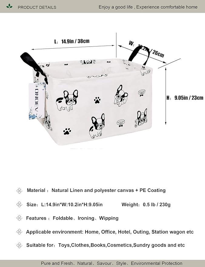 Rectangular Fabric storage box, decorative basket and finishing basket with handle are used for the storage of clothes, books and sundries (Bulldog) 14.9’’L ×10.2’’W×9.05’’H inches-Ruum Studio Home
