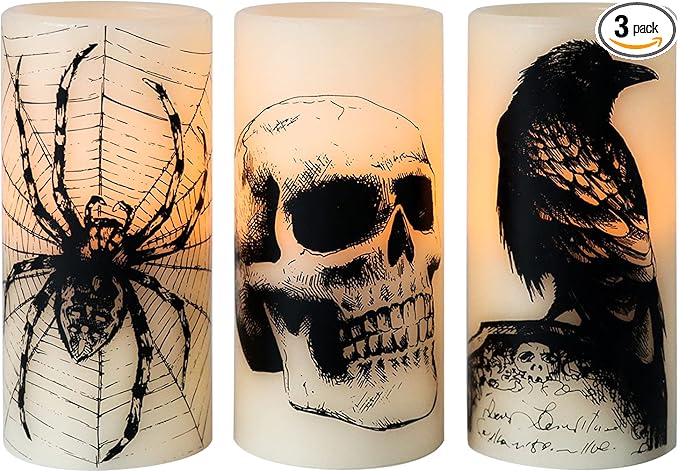 Wondise Halloween Flickering Flameless Candles with 6hrs Timer, Battery Operated LED Real Wax Candles Set of 3 Skull, Spider Web, Crow Raven Decals Halloween Home Decoration Gifts(3 x 3 x 6 Inch)-Ruum Studio Home