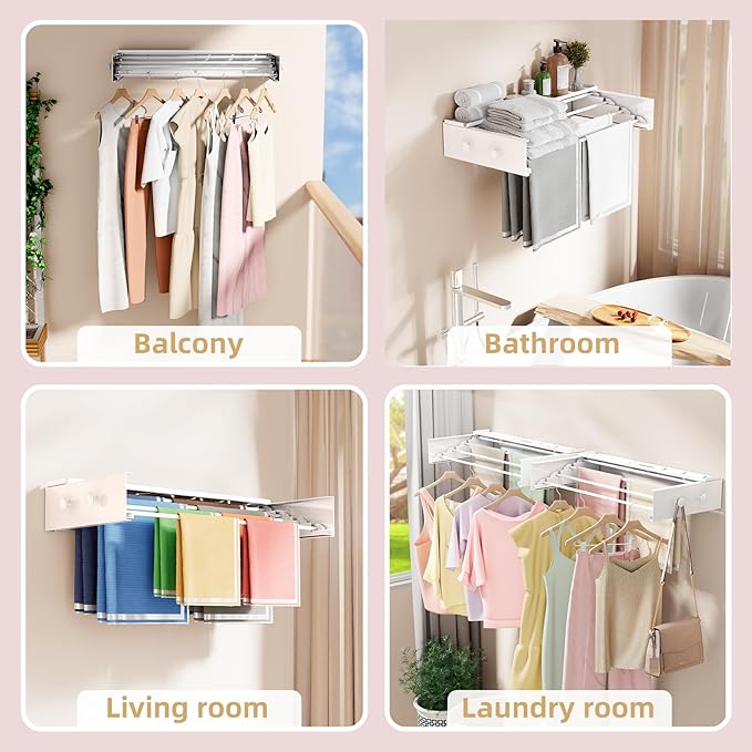 Wall Mounted Drying Rack with 4 Hooks and Shelf, Foldable Clothes Drying Rack for Laundry Room, Collapsible Laundry Rack Wall Mount, for Indoor Outdoor Hanging Clothes, 23.6 Inch-Ruum Studio Home