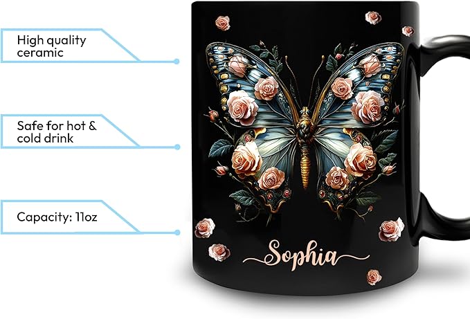 Hyturtle Personalized Butterfly 2D Print Mug - Butterfly Gifts For Women Lovers - Animal Gift For Bird Lover Her - Bird Gifts For Mom on Mother Day - Custom Name Coffee Cup Ceramic Mug 11 Oz 15 Oz-Ruum Studio Home