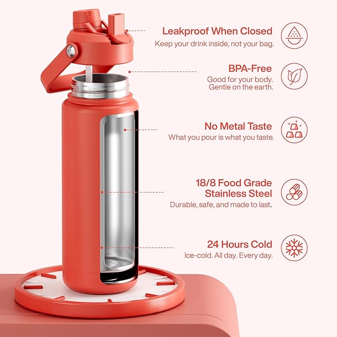 Insulated Water Bottle with Straw Stainless Steel Water Bottle, Leak-Proof, BPA-Free, Double Wall Vacuum Keeps Cold for 24 Hours for Sports, Travel, School (32 oz, Tawny Orange)-Ruum Studio Home