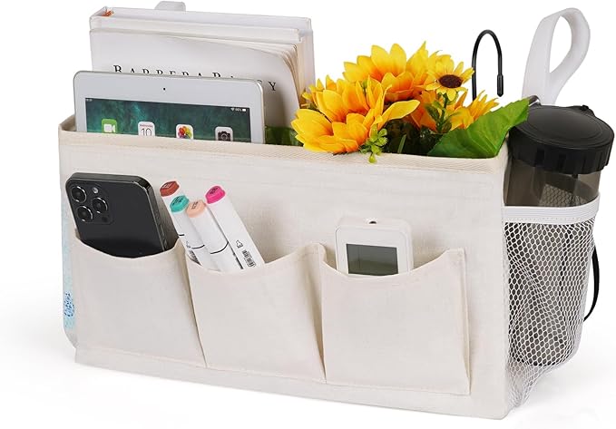 Bedside Storage Caddy/Bedside Hanging Storage Bag for Headboards Bunk Beds Dorm Rooms Book Phone Magazine Holder (New White)-Ruum Studio Home