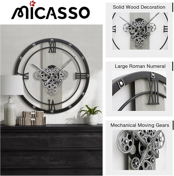 Micasso 24 inch Large Real Moving Gears Wall Clock: Black Industrial Steampunk Roman Numeral Clock - Modern Wall Decor for Living Room/Entryway/Office-Ruum Studio Home