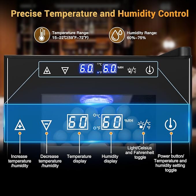 Electric Humidor for Cigars, 35L 250 Counts Large Capacity Thermostatic Desktop Humidor Cabinet with Digital LED Screen, Safety Lock,Smart Humidity & Temp Control, Gifts for Men-Ruum Studio Home