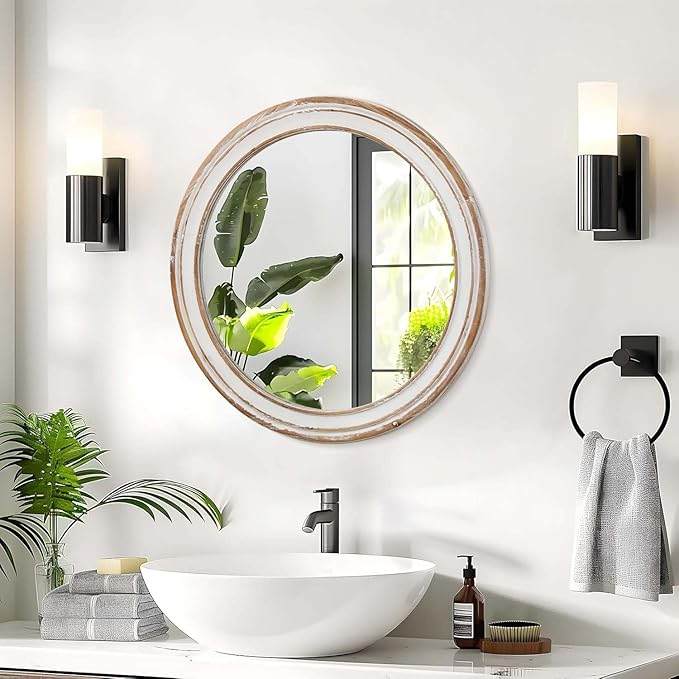Round Bathroom Mirror for Vanity-Distressed Wood Circle Mirror, Farmhouse Entryway Mirror and Decorative Wall Mirrors for Living Room-Ruum Studio Home