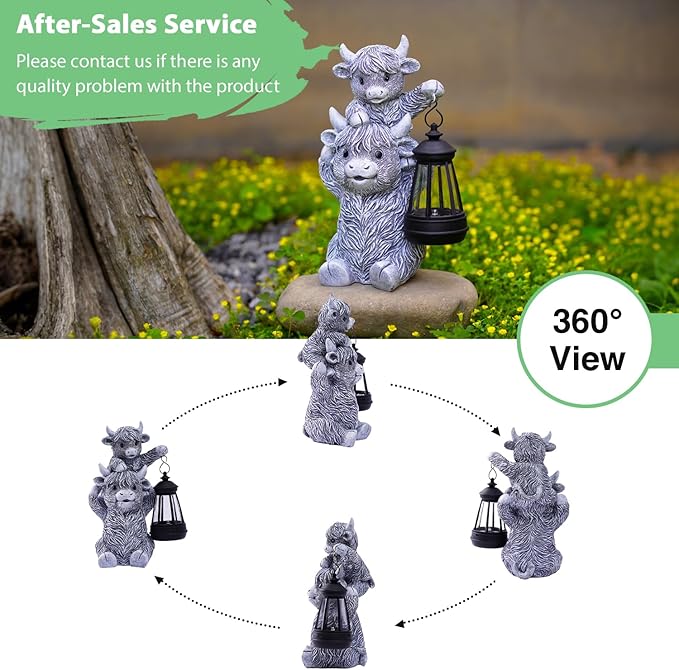 Goodeco 9.5 Inch Highland Cow with Solar Lantern – Resin Garden Decor, Outdoor Statue & Unique Highland Cow Gifts (Gray)-Ruum Studio Home