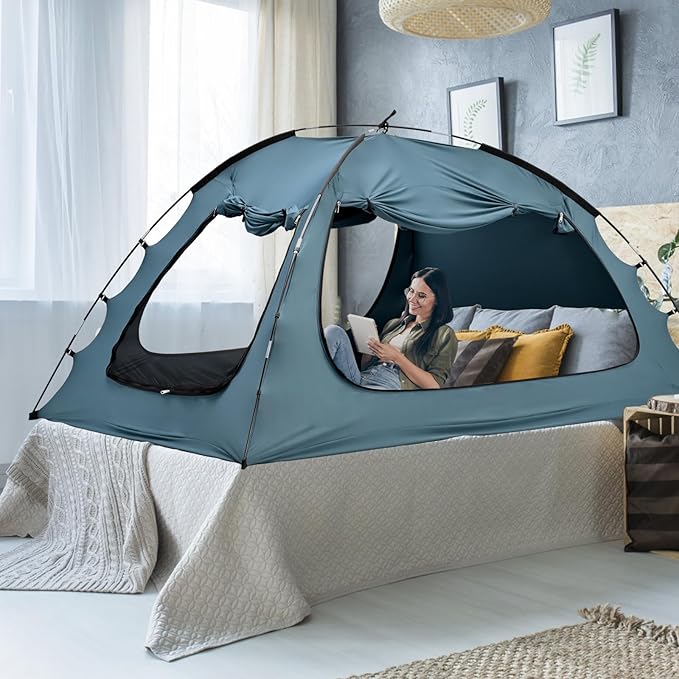 SUNYRISY Bed Canopy Full Size, Indoor Dream Tent for Adults and Kids, 3 Doors Breathable Portable, 80% Blackout Private Space Sleeping-Ruum Studio Home