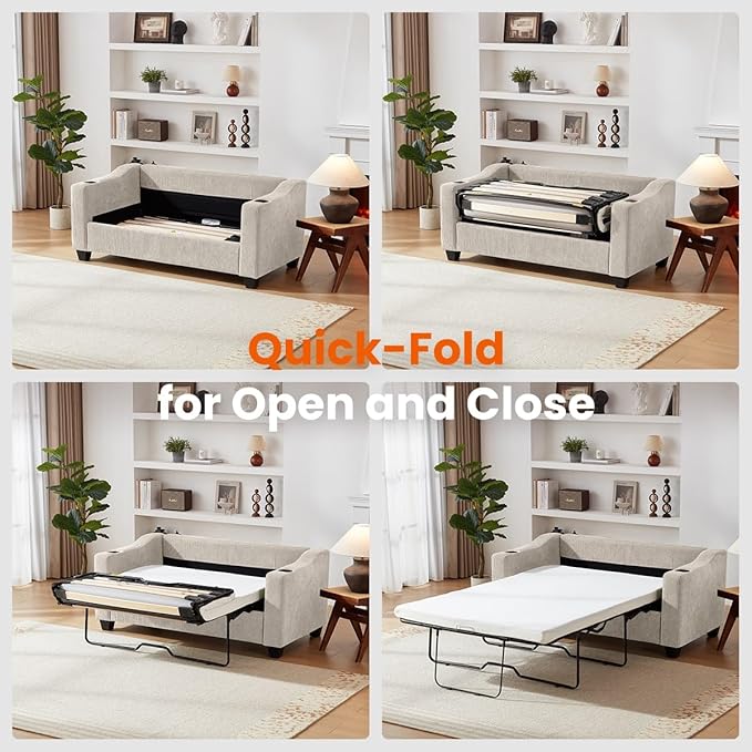 CHIC HOUSE Pull Out Sofa Bed, Full Size Sleeper Sofa, 2-in-1 Convertible Corduroy Couch with USB Charging, Memory Form Couch for Living Room, Apartment and Small Space (Beige, Corduroy - Full Size)-Ruum Studio Home