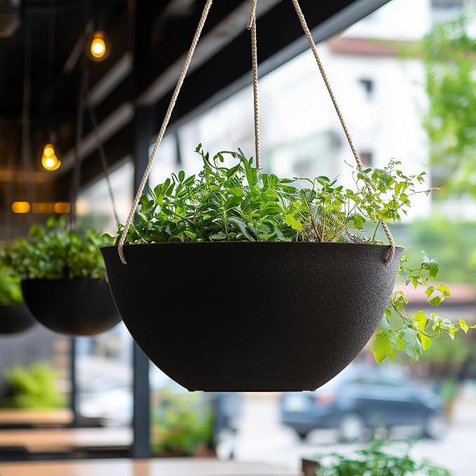LA JOLIE MUSE Hanging Planters for Outdoor Plants, Large Hanging Planter with Drain Holes, Black Hanging Flower Pots (13.2 Inch, Set of 2)-Ruum Studio Home