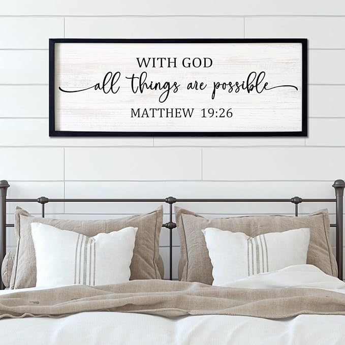 With God All Things are Possible Framed Wall Art, 40''×15'' Positive Holy Religious Rustic Bible Verse for Christian God Jesus Christ Prayer, Vintage Horizontal Inspirational Catholic Scripture Decor-Ruum Studio Home