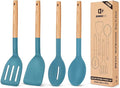 Pack of 4 Silicone Cooking Utensils Set, Non Stick Solid Spatulas and Heat Resistant Slotted Spoons with Wooden Handle, Ideal Wood Kitchen Utensils Set for Frying,Serving,Turning,Stirring (BLUE)-Ruum Studio Home