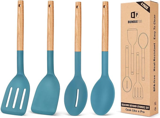 Pack of 4 Silicone Cooking Utensils Set, Non Stick Solid Spatulas and Heat Resistant Slotted Spoons with Wooden Handle, Ideal Wood Kitchen Utensils Set for Frying,Serving,Turning,Stirring (BLUE)-Ruum Studio Home