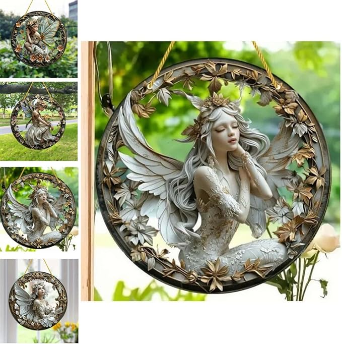 Flower Fairy Garden Decorations Angel Wing Christmas Halloween Deco Statue Art Elf Sculpture Hanging Craft for Outdoor Yard Courtyard Lawn Patio Window Acrylic Ornament Home Gift (C,S: 6*6 IN)-Ruum Studio Home