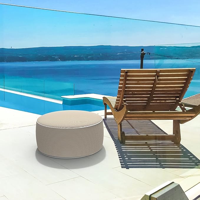 LVTXIII Inflatable Stool Ottoman Footrest with Handle, All Weather Foot Rest, Indoor or Outdoor Use for Home Patio Garden and Camping, D21 x H9, Stripe Beige-Ruum Studio Home