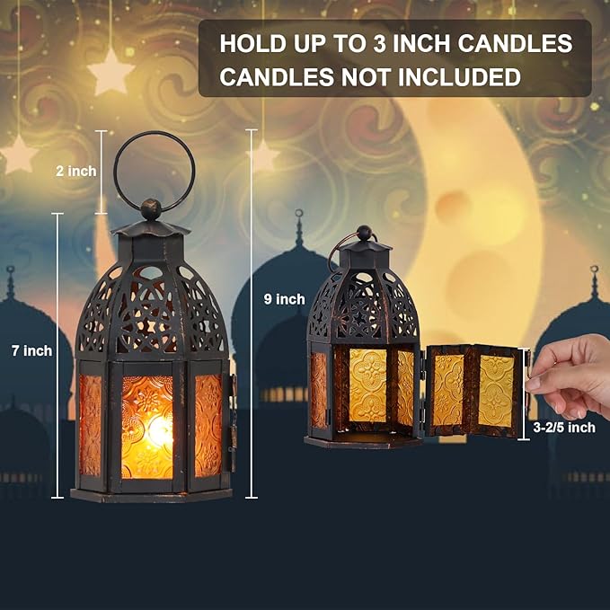 NEEDOMO Set of 4 Moroccan Candle Lantern, 9" Ramadan Lanterns Decorative Indoor Outdoor, Vintage Candle Holder for Chritsmas, Halloween, Table, Patio, Porch, Shelf, Ramadan Decorations (Amber)-Ruum Studio Home