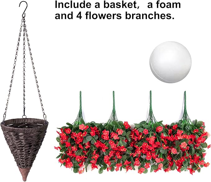 Artificial Fake Red Hanging Flowers Plants Basket for Outdoor Outside Winter Christmas Decor, Faux Silk Look Real UV Resistant Orchid for Fall Porch Garden Yard Patio Home-Ruum Studio Home