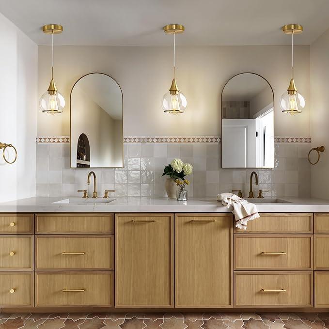 Pendant Light Fixtures Kitchen: Brushed Gold Farmhouse Island Light with Clear Glass - 6 Inch Mid Century Globe Kitchen Lighting Chandeliers Ceiling for Dining Room-Ruum Studio Home