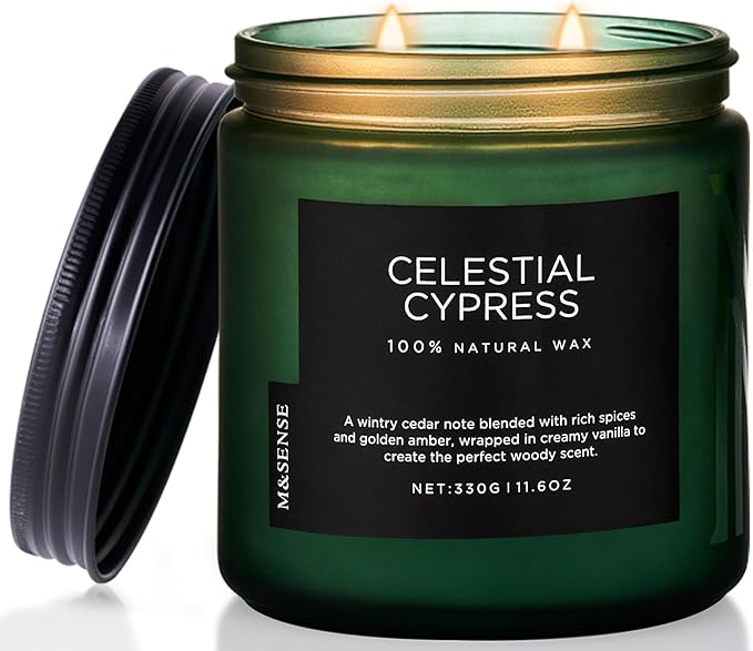 M&SENSE Celestial Cypress - Cedarwood Spice Scent Natural Soy Wax Highly Scented Candle, 11.6oz 2 Wick 70 Hours Long Lasting Candle Woody Scent Gifts for Dad-Ruum Studio Home
