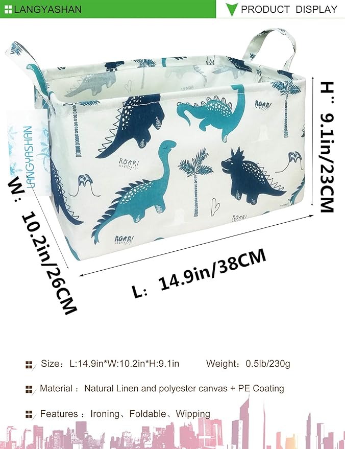 LANGYASHAN Rectangular Storage Bin Collapse Canvas Fabric Cartoon Storage Basket with Handles for Organizing Home Kitchen Boys and Girls Toys Office Closet Shelf Baskets (Rec green dinosaur)-Ruum Studio Home