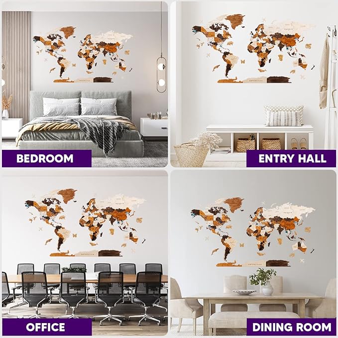 HYPERI Multilayered 3D Wooden World Map Wall Decor, Wood Art Wall Decor, Mapa Mundi Para Pared, World Maps and Push Pins, Valentine's Day Gifts For Dad, Mom, Boss, Husband, Wife (Large)-Ruum Studio Home