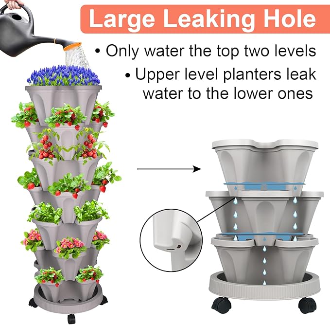 Vertical Planter 7 Tier Stackable Planters Garden Planters Strawberry Herb Flower and Vegetable Planter Indoor Outdoor Gardening Pots with Removable Wheels and Tools 2-Pack-Ruum Studio Home